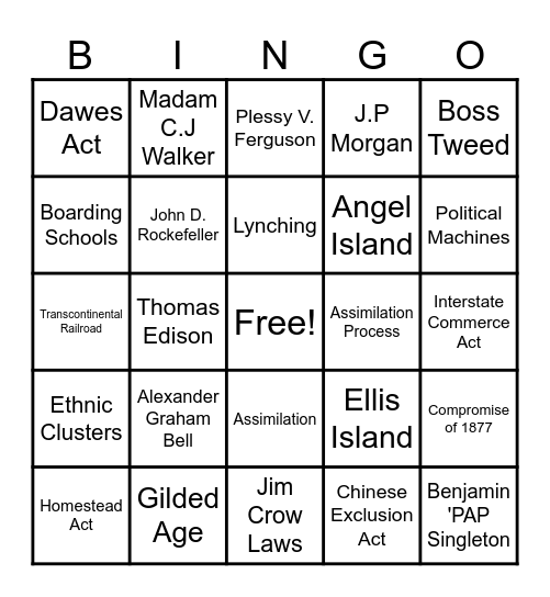 US History Standards 1-7 Bingo Card