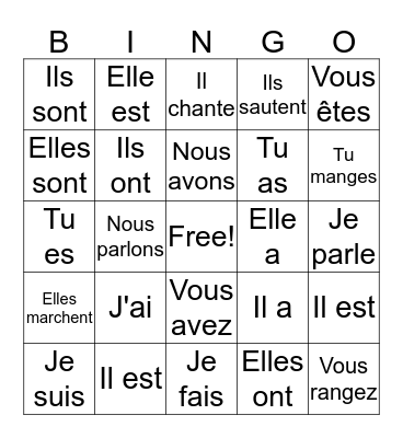 French Verbs: Être, Avoir, -er Bingo Card