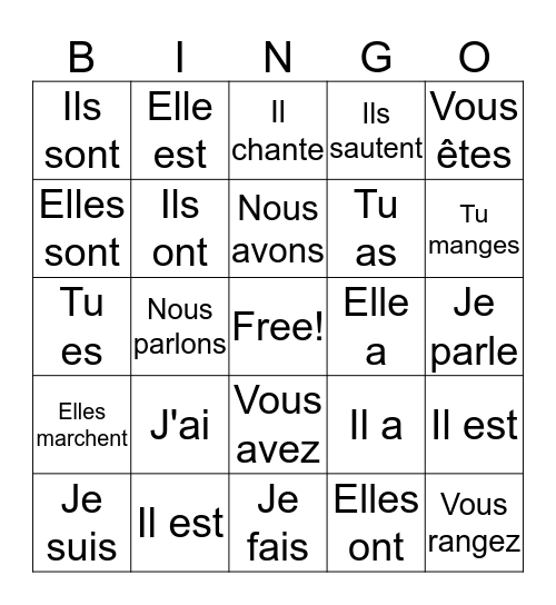 French Verbs: Être, Avoir, -er Bingo Card