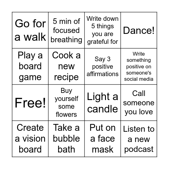 DIGITAL Self-Care BINGO CHALLENGE Bingo Card