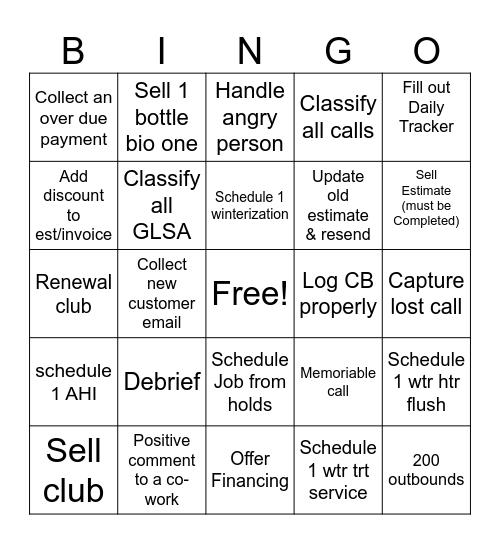 Call taker Bingo Card