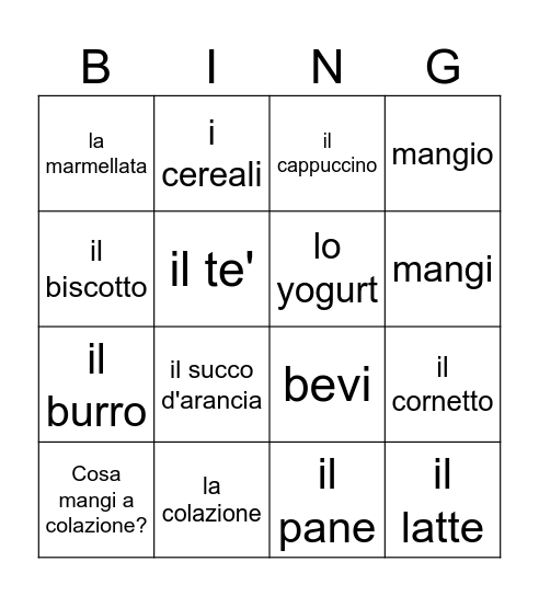 La Colazione Italiana Bingo Card