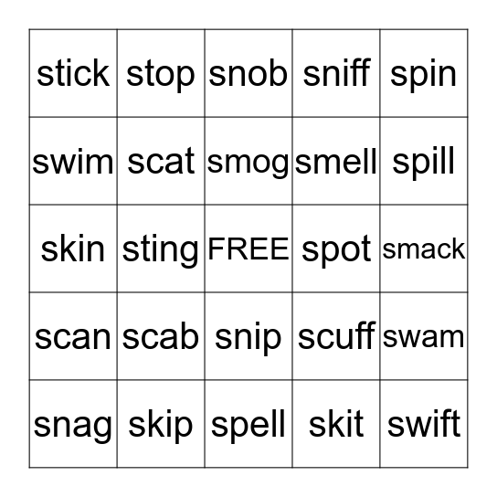 Initial s-blend Bingo Card