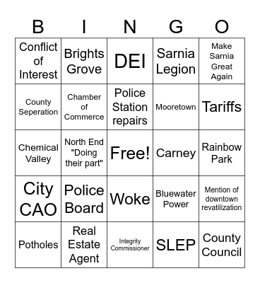Mayoral Debate- Sarnia Bingo Card