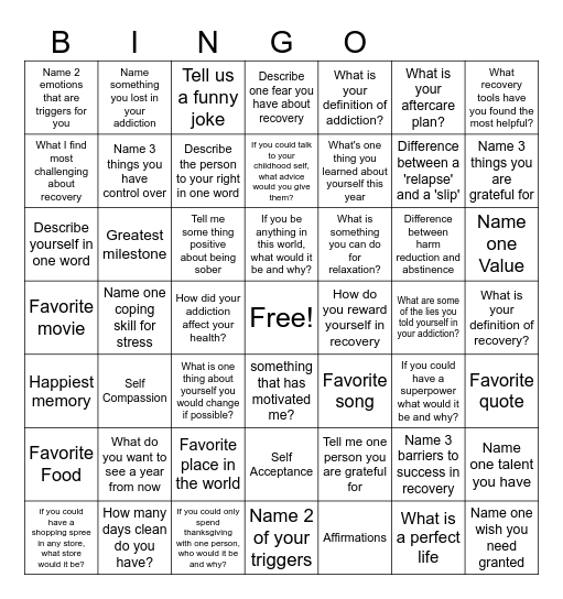 Recovery Bingo! Bingo Card