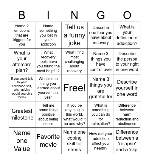 Recovery Bingo! Bingo Card