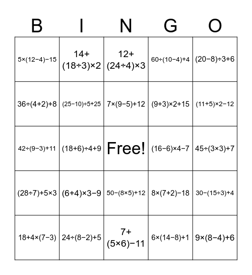 Order of Operations Bingo Card