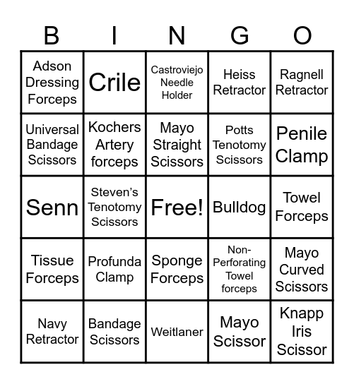 Surgical Instruments Bingo Card
