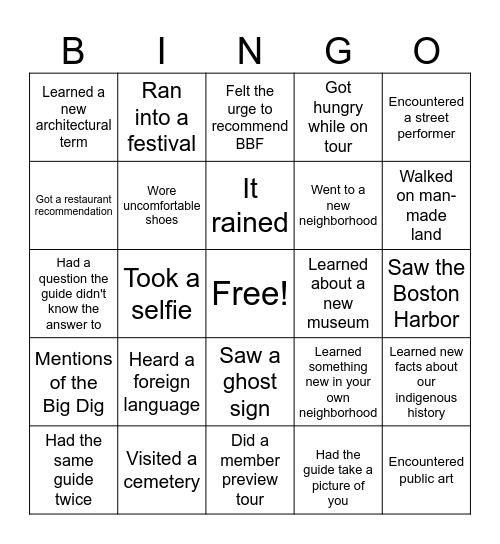 Boston By Foot Bingo Card