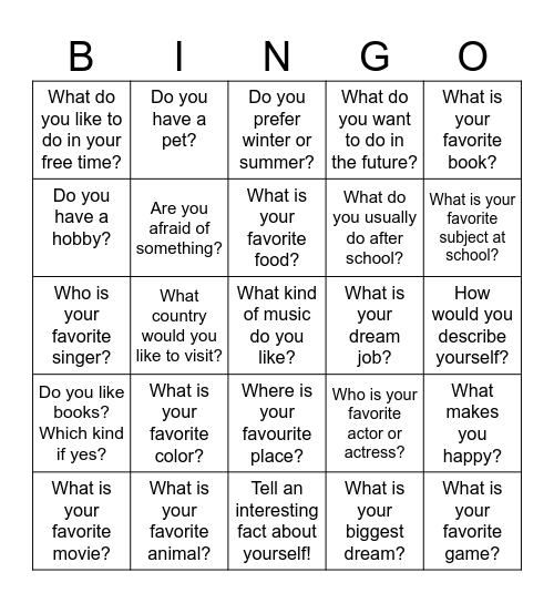 Speaking Bingo Card