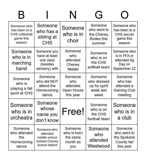 Fall 2026 Freshman Bingo Card