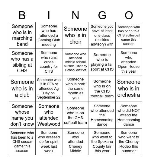 Fall 2026 Freshman Bingo! Bingo Card