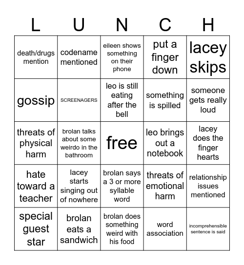 Lunch Bingo Card