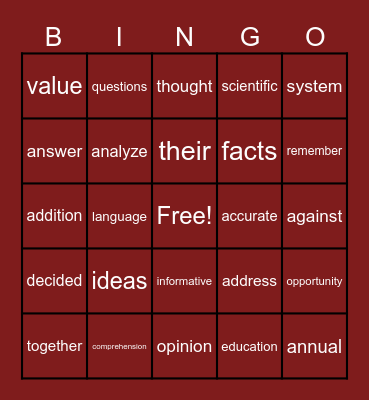 Fluency Bingo Card