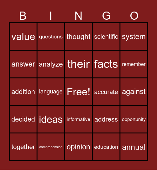 Fluency Bingo Card