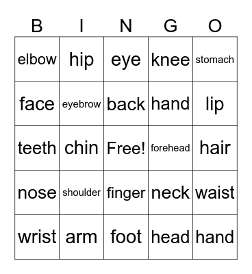 Body Parts Bingo Card