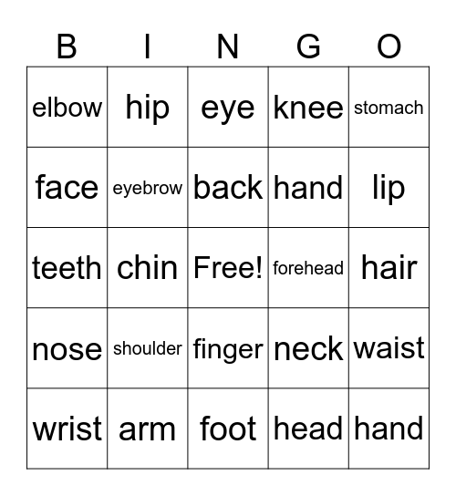 Body Parts Bingo Card