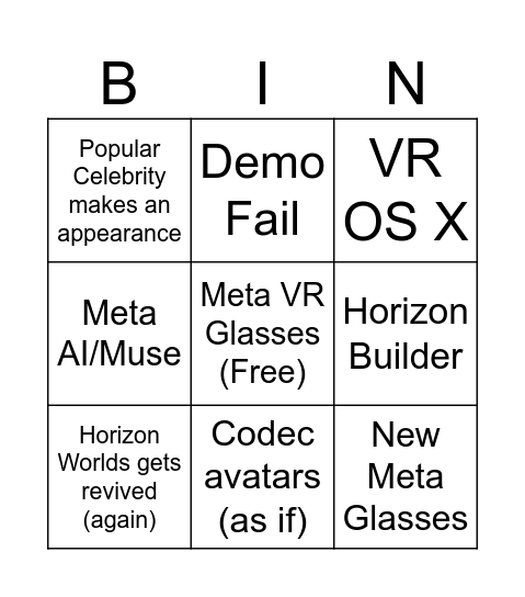 Meta Connect 26 Bingo Card
