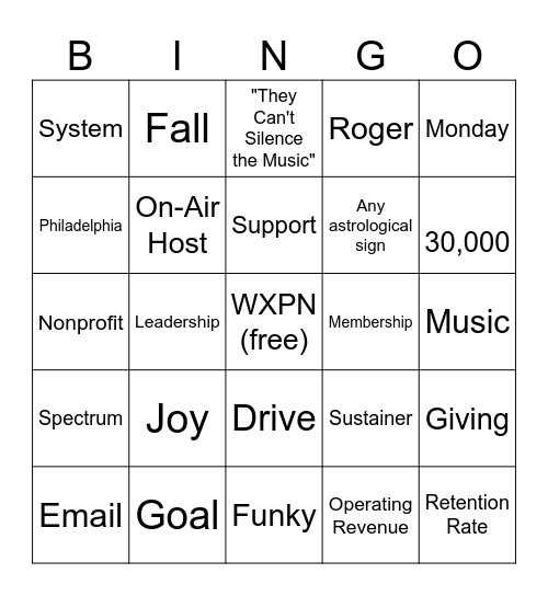 WXPN Presentation Bingo Card