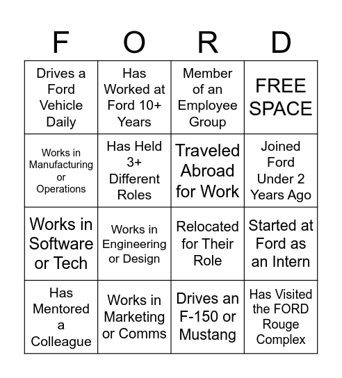 FORD Bingo Card
