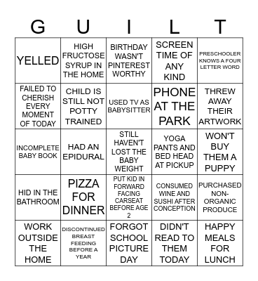 MOMMY GUILT BINGO Card