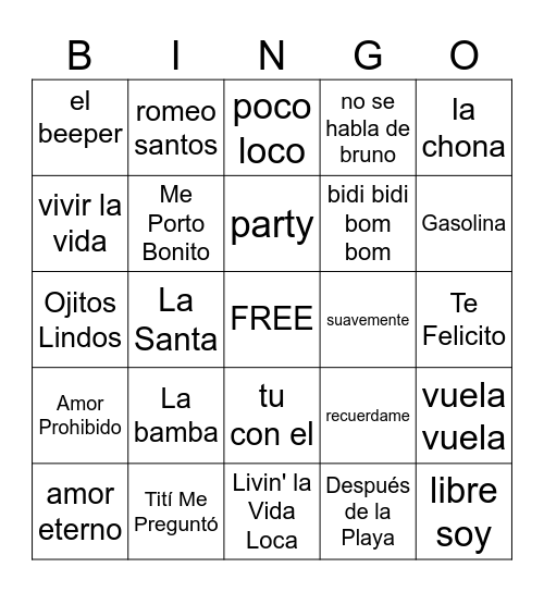 Spanish Song Bingo! Bingo Card