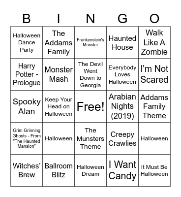 Halloween Music Bingo Card