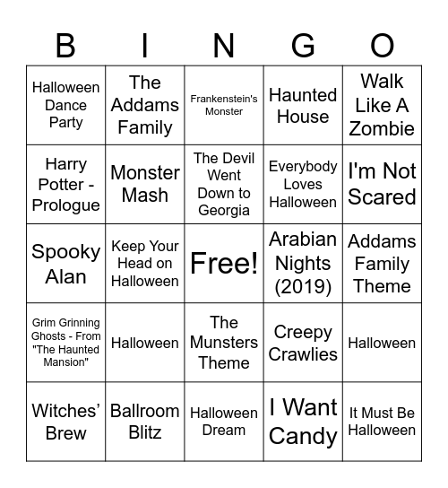 Halloween Music Bingo Card