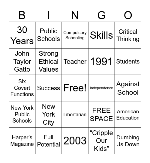 Introduction to "Against School" Bingo Card
