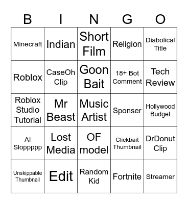 Youtube Bingo Card