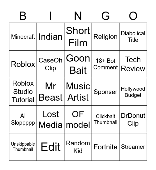 Youtube Bingo Card