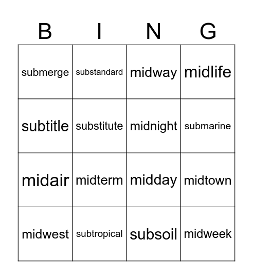 Sub and Mid Bingo Card