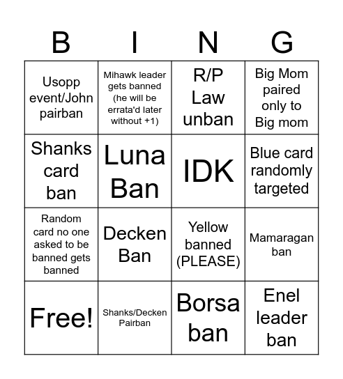 Banlist Bingo Card