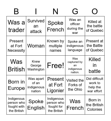 7 Year War Bingo Card