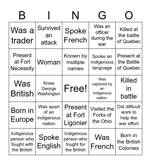 7 Year War Bingo Card