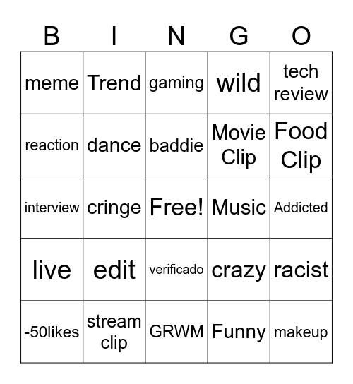 tiktok Bingo Card