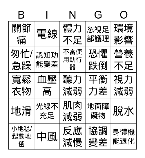 導致長者容易跌倒的原因 Bingo Card