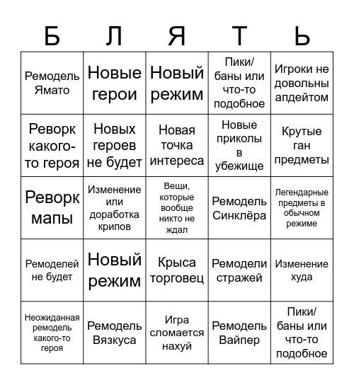 Дедлок апдейт бинго Bingo Card