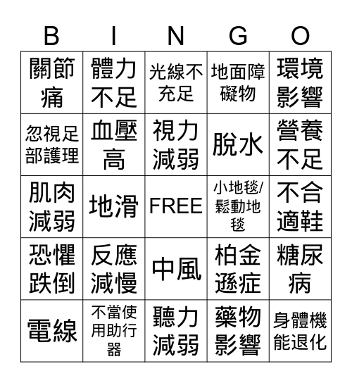 導致長者容易跌倒的原因 Bingo Card