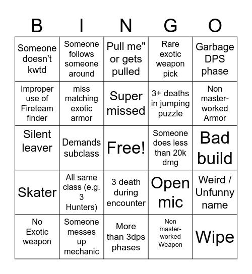 Destiny 2 Dungeon Bingo Card
