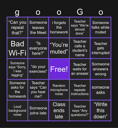 school google meet Bingo Card