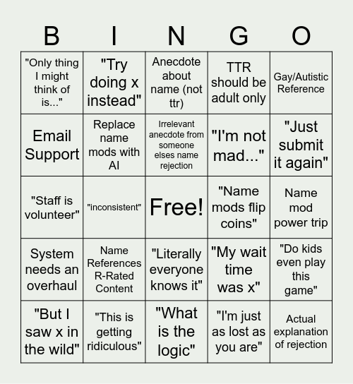 "My Name got Rejected" TTRD Post Bingo Card