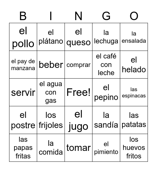 food spanish Bingo Card