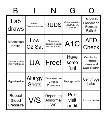 Primary Care Nursing Student Bingo Card