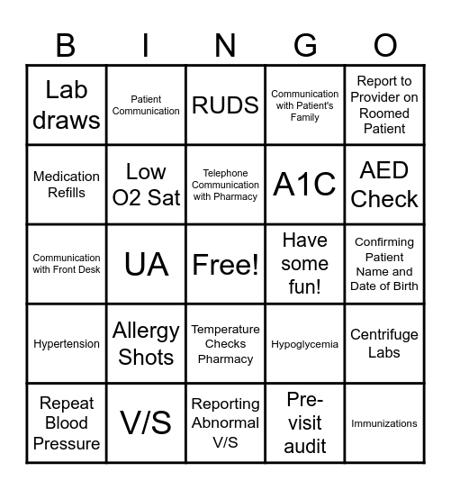 Primary Care Nursing Student Bingo Card