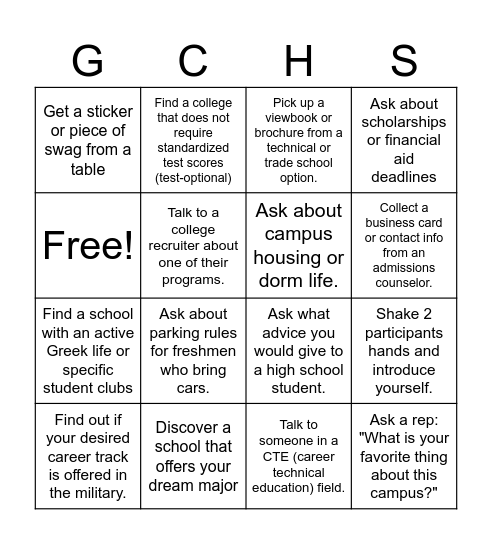 COLLEGE FAIR Bingo Card