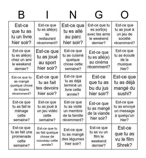 Passé Composé Bingo Card