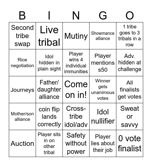Survivor 51 Bingo Card