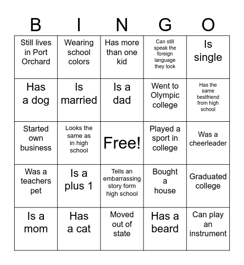 High school Reunion Bingo Card