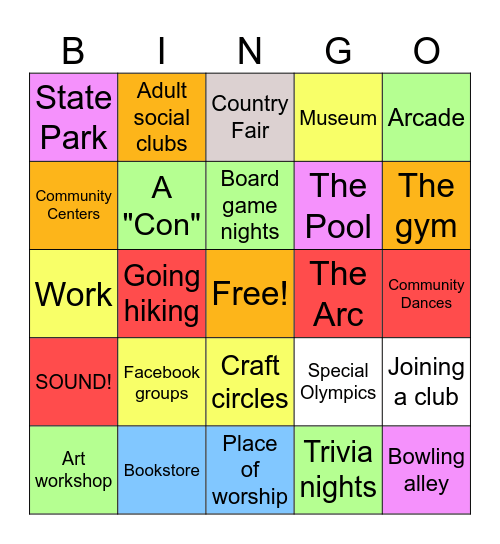 Places to meet people Bingo Card